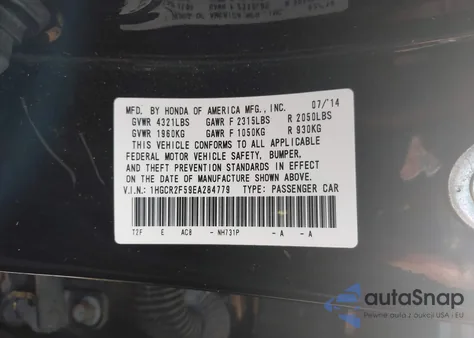 2014 Honda Accord Sport из США, поврежденный, VIN 1HGCR2F59EA284779